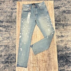 Purple Men's Slim-Straight Light Blue Jeans with White Paint Accent